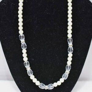 Vintage Faux Pearl Clear Lucite Beads Silver Rhinestone Spacers Necklace